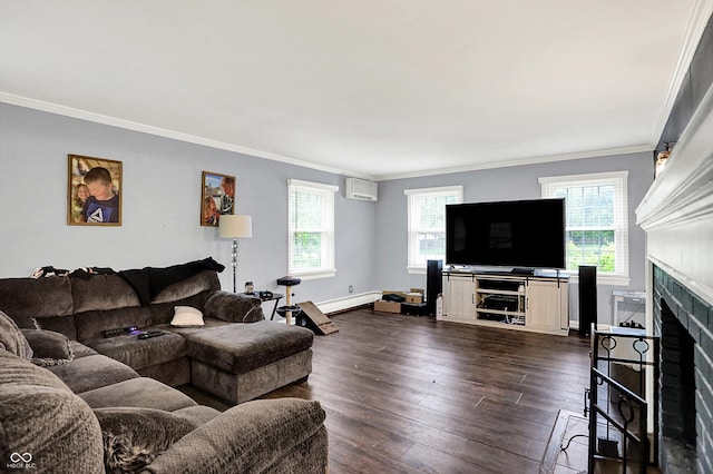 8301 E County Road 801 S, Plainfield, IN 46168 - living room with a wall mounted AC, ornamental molding, a fireplace, dark wood-style floors, and a baseboard radiator