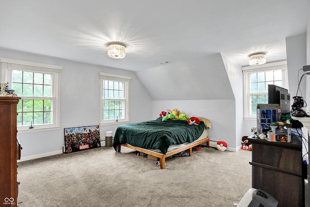 8301 E County Road 801 S, Plainfield, IN 46168 - carpeted bedroom featuring baseboards, a chandelier, lofted ceiling, and a baseboard radiator