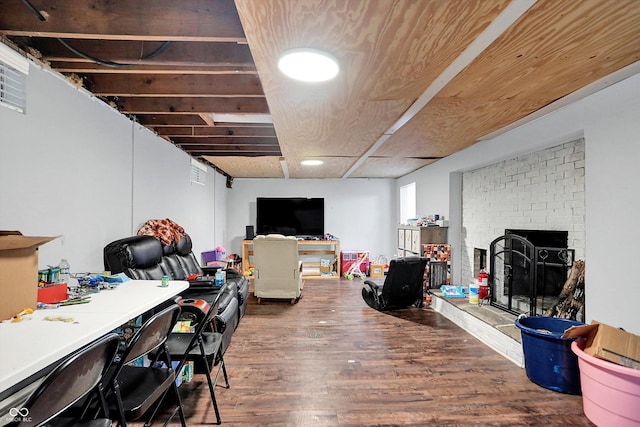 8301 E County Road 801 S, Plainfield, IN 46168 - office area with wood finished floors, a brick fireplace, and recessed lighting