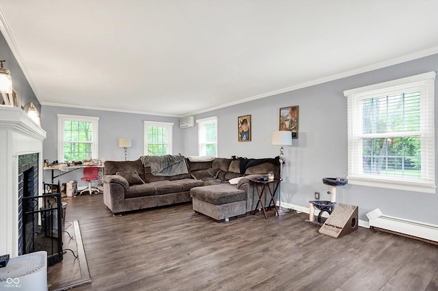 8301 E County Road 801 S, Plainfield, IN 46168 - living area featuring crown molding, plenty of natural light, wood finished floors, a fireplace, and a wall mounted AC