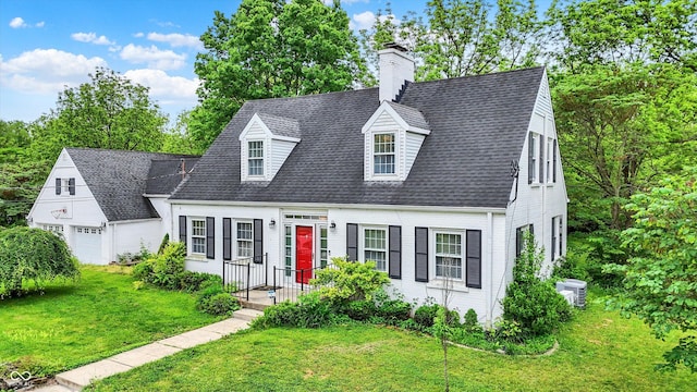 8301 E County Road 801 S, Plainfield, IN 46168 - new england style home with a front yard, central AC, a chimney, an attached garage, and roof with shingles