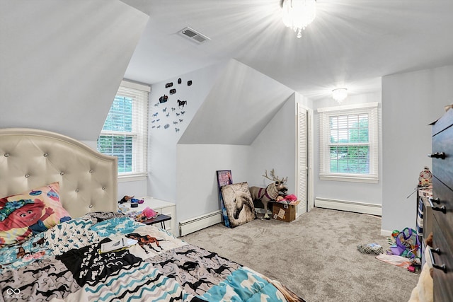 8301 E County Road 801 S, Plainfield, IN 46168 - carpeted bedroom featuring baseboard heating, multiple windows, vaulted ceiling, and baseboards