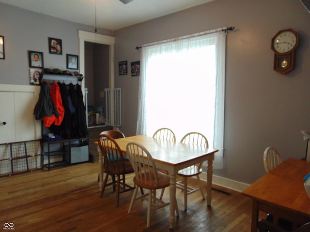 205 W S St, Darlington, IN 47940 - dining space with wood finished floors, ceiling fan, and baseboards
