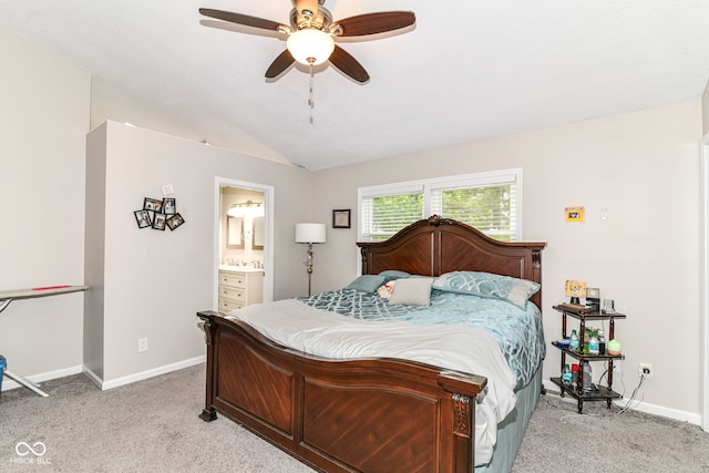 11612 E 75th St, Indianapolis, IN 46236 - bedroom featuring light carpet, baseboards, vaulted ceiling, ensuite bath, and a ceiling fan