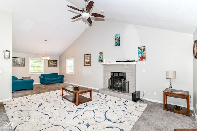 11612 E 75th St, Indianapolis, IN 46236 - living room with carpet, ceiling fan, baseboards, a fireplace, and a chandelier
