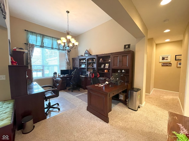 5010 Cabrillo Dr, Plainfield, IN 46168 - office with light carpet, a chandelier, recessed lighting, and baseboards