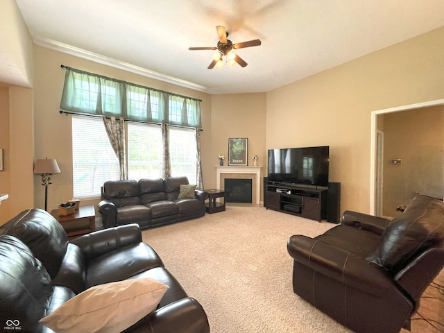 5010 Cabrillo Dr, Plainfield, IN 46168 - living room with carpet, a ceiling fan, crown molding, and a fireplace with flush hearth