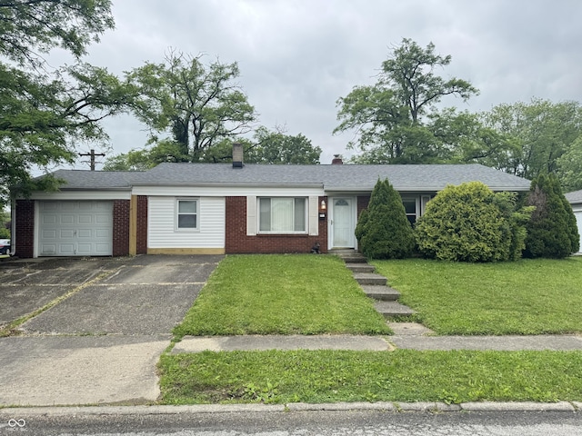 7929 Roy Rd, Indianapolis, IN 46219 - ranch-style house featuring driveway, an attached garage, brick siding, and a front yard