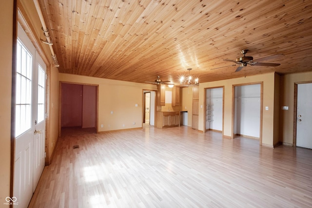 10244 Washington Blvd, Carmel, IN 46280 - unfurnished living room with ceiling fan, light wood-style flooring, wood ceiling, a chandelier, and baseboards