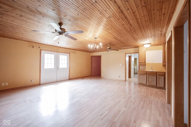 10244 Washington Blvd, Carmel, IN 46280 - unfurnished living room featuring a ceiling fan, a sink, light wood-style flooring, wood ceiling, and baseboards