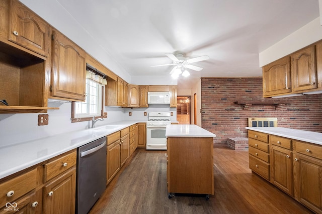 10244 Washington Blvd, Carmel, IN 46280 - kitchen featuring white appliances, a ceiling fan, a kitchen island, brown cabinets, and brick wall