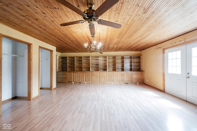 10244 Washington Blvd, Carmel, IN 46280 - unfurnished living room featuring a ceiling fan, light wood finished floors, wood ceiling, baseboards, and a chandelier