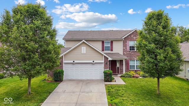 2509 Cedarmill Dr, Franklin, IN 46131 - traditional home with concrete driveway, brick siding, a front lawn, a garage, and a shingled roof