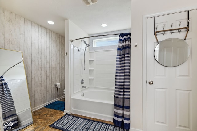 2509 Cedarmill Dr, Franklin, IN 46131 - bathroom with shower / bath combo with shower curtain, baseboards, toilet, and wooden walls