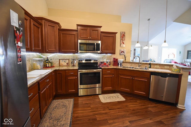 1150 Extraordinary Trl, Greenfield, IN 46140 - kitchen featuring appliances with stainless steel finishes, a sink, a peninsula, dark wood-style floors, and high vaulted ceiling