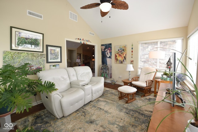1150 Extraordinary Trl, Greenfield, IN 46140 - living area featuring ceiling fan, wood finished floors, baseboards, and high vaulted ceiling