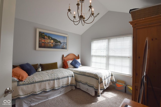 1150 Extraordinary Trl, Greenfield, IN 46140 - carpeted bedroom featuring a chandelier and high vaulted ceiling