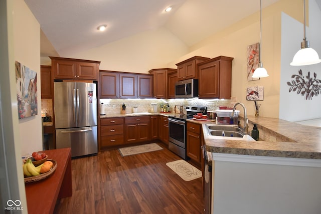 1150 Extraordinary Trl, Greenfield, IN 46140 - kitchen with stainless steel appliances, a sink, dark wood finished floors, backsplash, and vaulted ceiling