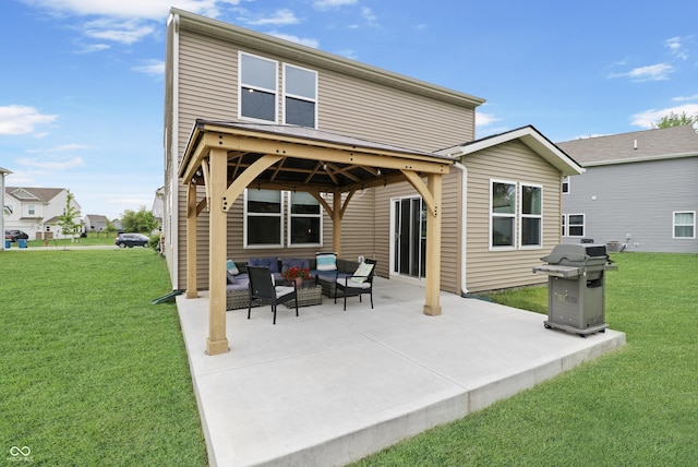 6917 Wolf Creek Ct, Whitestown, IN 46075 - rear view of property with a gazebo, an outdoor living space, a patio, and a lawn