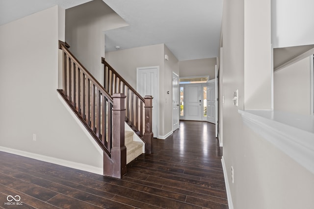4539 Maldenhair Dr, Indianapolis, IN 46239 - entrance foyer with hardwood / wood-style flooring, baseboards, and stairs