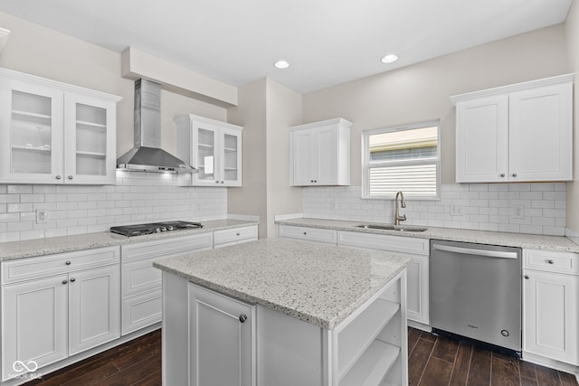 4539 Maldenhair Dr, Indianapolis, IN 46239 - kitchen with stainless steel appliances, a sink, wall chimney exhaust hood, dark wood-type flooring, and recessed lighting