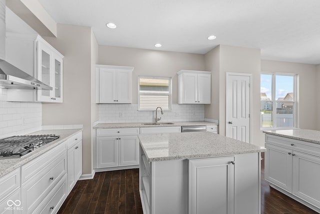 4539 Maldenhair Dr, Indianapolis, IN 46239 - kitchen featuring a sink, stainless steel appliances, wall chimney range hood, dark wood finished floors, and white cabinets