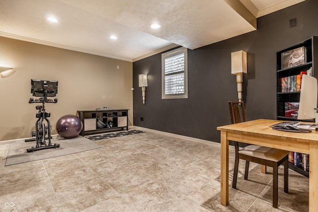 9804 Wentworth Ct, Carmel, IN 46032 - exercise area featuring crown molding, recessed lighting, baseboards, and tile patterned floors