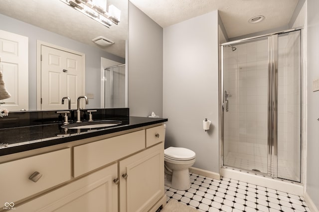 9804 Wentworth Ct, Carmel, IN 46032 - full bathroom featuring baseboards, a shower stall, vanity, toilet, and a textured ceiling