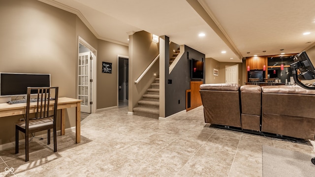 9804 Wentworth Ct, Carmel, IN 46032 - living area featuring stairs, an office area, ornamental molding, recessed lighting, and baseboards