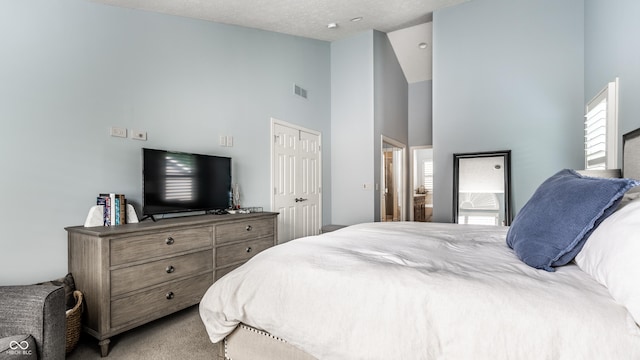 9804 Wentworth Ct, Carmel, IN 46032 - bedroom with high vaulted ceiling and carpet