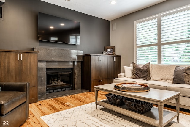 9804 Wentworth Ct, Carmel, IN 46032 - living area with light wood-type flooring, healthy amount of natural light, a glass covered fireplace, and recessed lighting