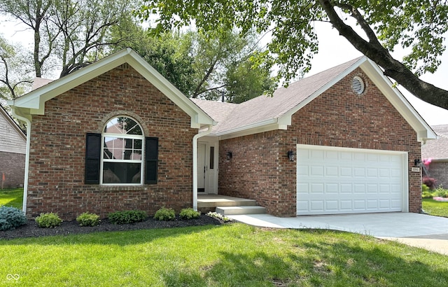 6845 Arjay Dr, Indianapolis, IN 46217 - single story home with concrete driveway, a front yard, an attached garage, a shingled roof, and brick siding