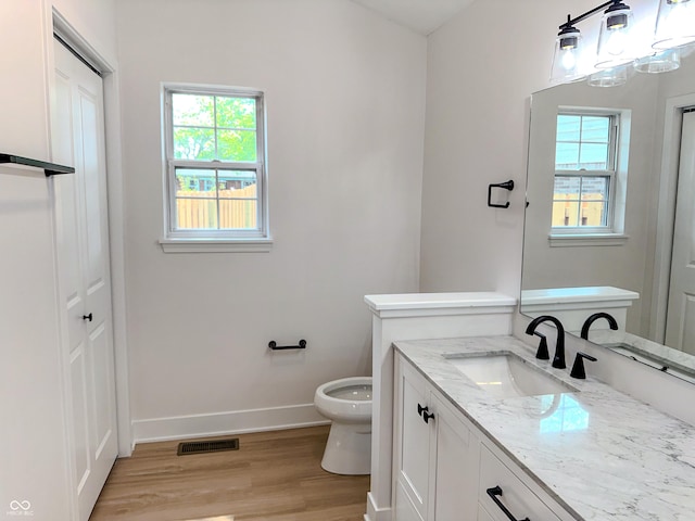 6845 Arjay Dr, Indianapolis, IN 46217 - bathroom featuring toilet, wood finished floors, healthy amount of natural light, and vanity