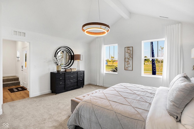 15387 Alperton Rd, Fishers, IN 46037 - bedroom featuring beamed ceiling, carpet floors, baseboards, and high vaulted ceiling