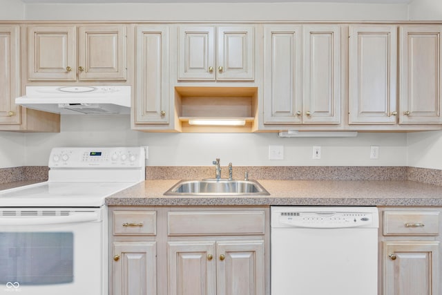 2267 Rome Dr Unit A, Indianapolis, IN 46228 - kitchen featuring under cabinet range hood, white appliances, and light countertops
