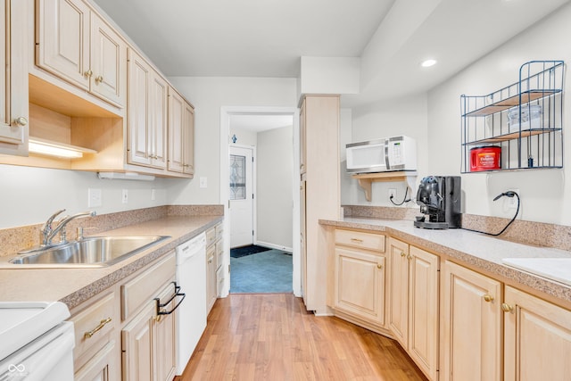 2267 Rome Dr Unit A, Indianapolis, IN 46228 - kitchen featuring white appliances, light wood-style floors, light countertops, recessed lighting, and light brown cabinetry