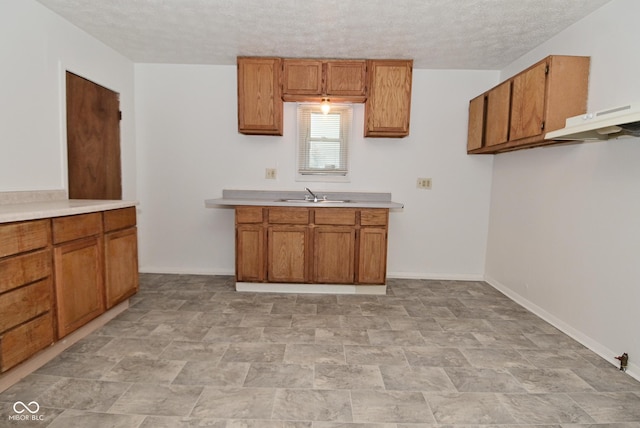2622 Ethel Ave, Indianapolis, IN 46208 - kitchen with a sink, brown cabinets, light countertops, a textured ceiling, and baseboards