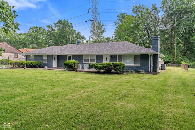 3735 Marrison Pl, Indianapolis, IN 46205 - ranch-style home featuring a chimney, central air condition unit, covered porch, and roof with shingles