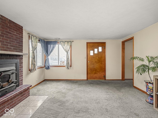 4305 Clinton St, Lawrence, IN 46226 - unfurnished living room with carpet flooring, baseboards, and a fireplace