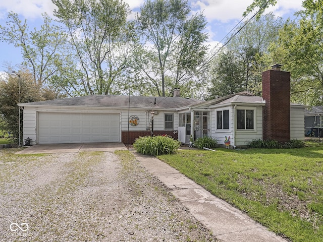 4305 Clinton St, Lawrence, IN 46226 - single story home with dirt driveway, a chimney, a front lawn, and an attached garage
