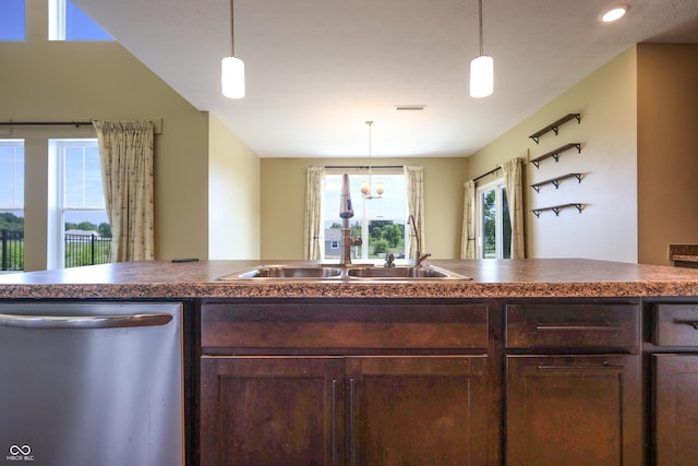 9018 E Gayle Dr, Morgantown, IN 46160 - kitchen featuring dishwasher, dark brown cabinetry, dark countertops, pendant lighting, and recessed lighting