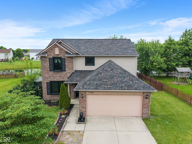 1408 Snead Cir, Avon, IN 46123 - traditional-style house featuring driveway, brick siding, and roof with shingles