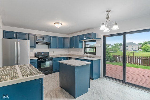 1408 Snead Cir, Avon, IN 46123 - kitchen with black gas range, freestanding refrigerator, blue cabinets, under cabinet range hood, and a sink