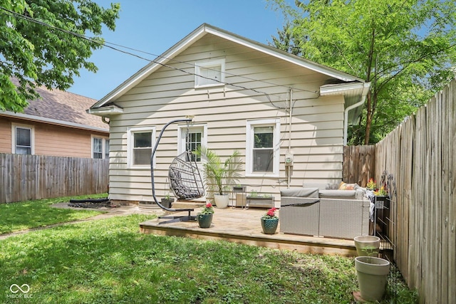 923 42nd St, Indianapolis, IN 46205 - rear view of house with an outdoor hangout area, a wooden deck, and a fenced backyard