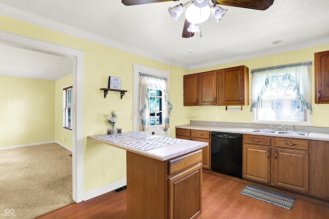 101 Heiny Rd, Indianapolis, IN 46217 - kitchen with dishwasher, a sink, wood finished floors, crown molding, and light countertops