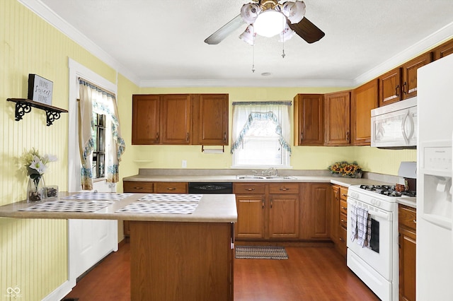 101 Heiny Rd, Indianapolis, IN 46217 - kitchen featuring white appliances, a sink, dark wood finished floors, light countertops, and crown molding
