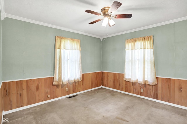 101 Heiny Rd, Indianapolis, IN 46217 - spare room with healthy amount of natural light, wooden walls, a ceiling fan, crown molding, and carpet