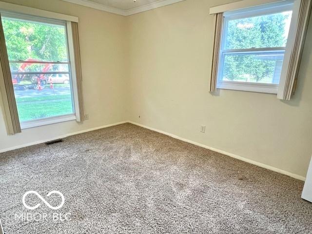 1834 Chandler Ln, Columbus, IN 47203 - spare room featuring crown molding, healthy amount of natural light, carpet floors, and baseboards