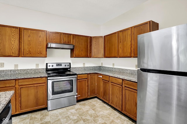 630 Harmony Way, Greenwood, IN 46143 - kitchen with appliances with stainless steel finishes, under cabinet range hood, brown cabinetry, and light stone countertops