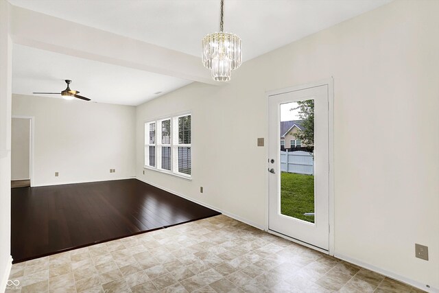 630 Harmony Way, Greenwood, IN 46143 - unfurnished dining area featuring a chandelier, a ceiling fan, baseboards, and wood finished floors